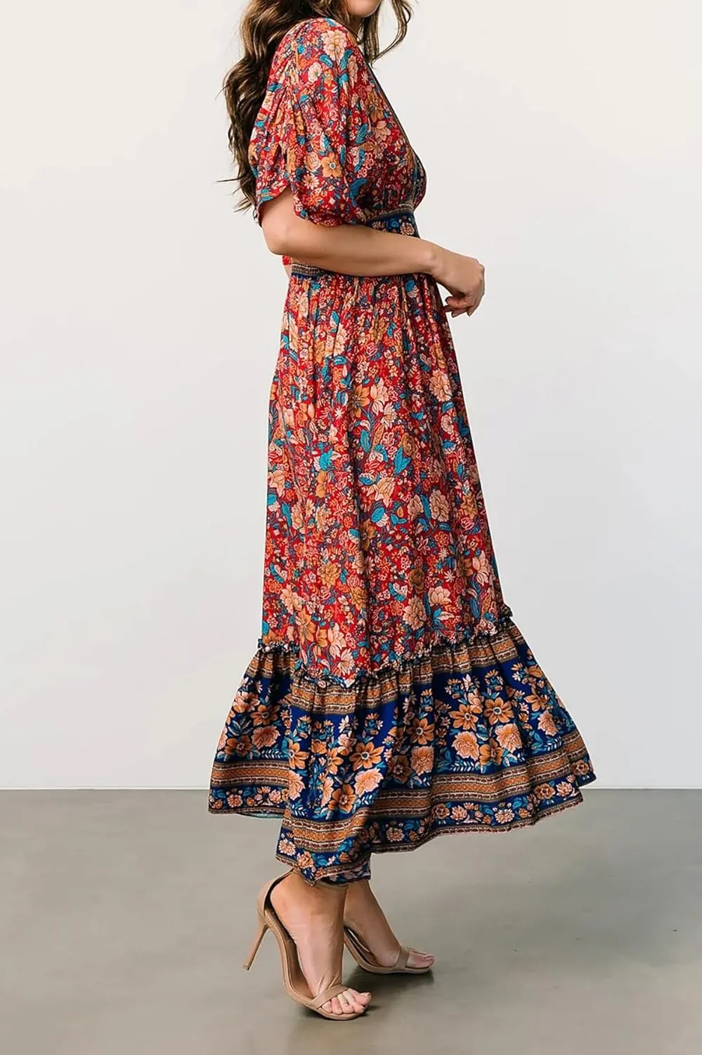 R.Vivimos Women's Summer Boho Floral Print Midi Dress Short Sleeve Deep V Neck Empire Waist Flowy Beach Dress with Pockets