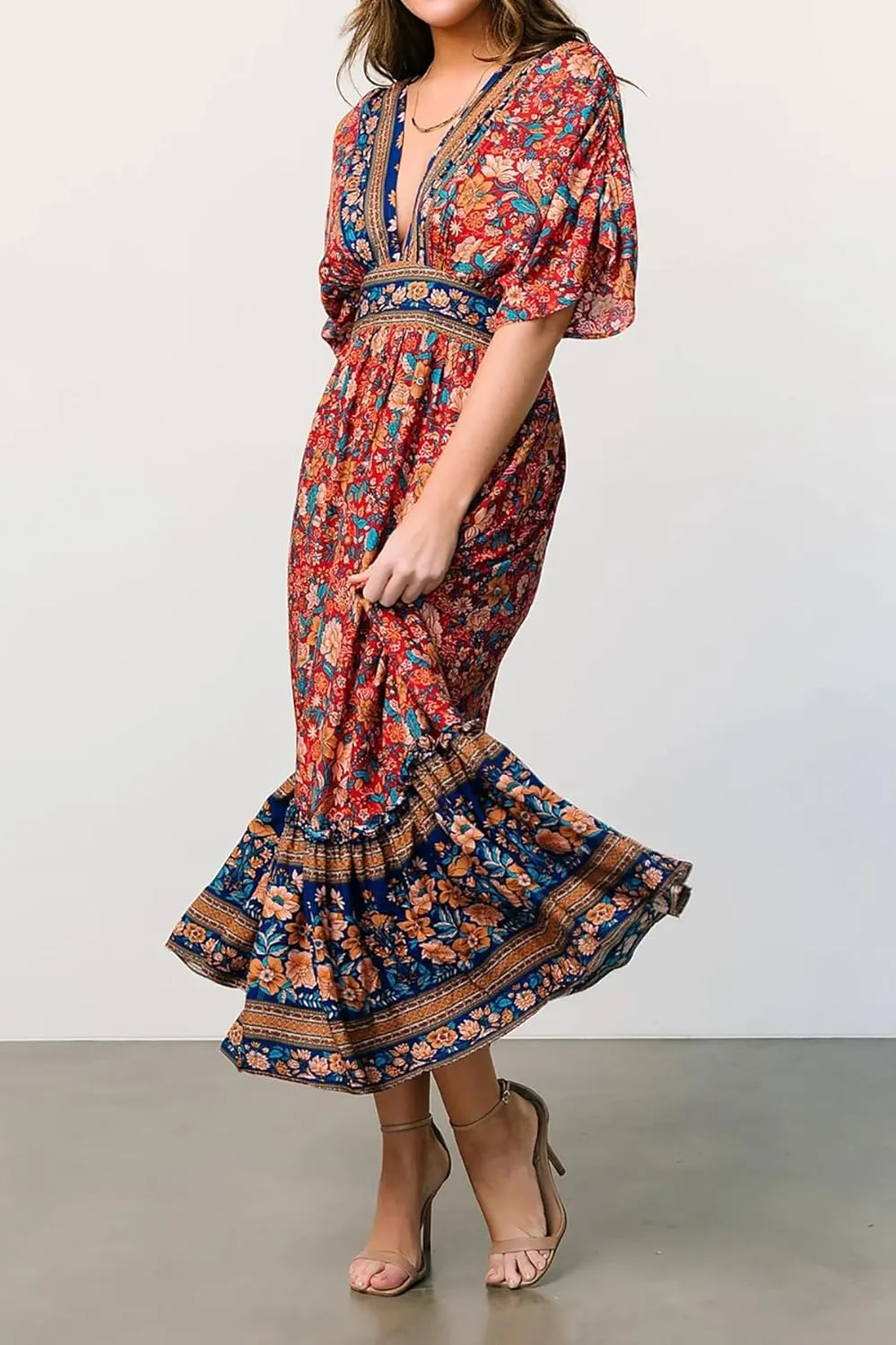 R.Vivimos Women's Summer Boho Floral Print Midi Dress Short Sleeve Deep V Neck Empire Waist Flowy Beach Dress with Pockets