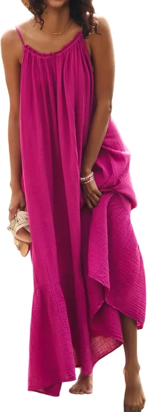 R.Vivimos Women's Summer Cotton Maxi Dress Adjustable Spaghetti Strap Boho Casual Backless Ruffle Loose Fit Flowy Dress