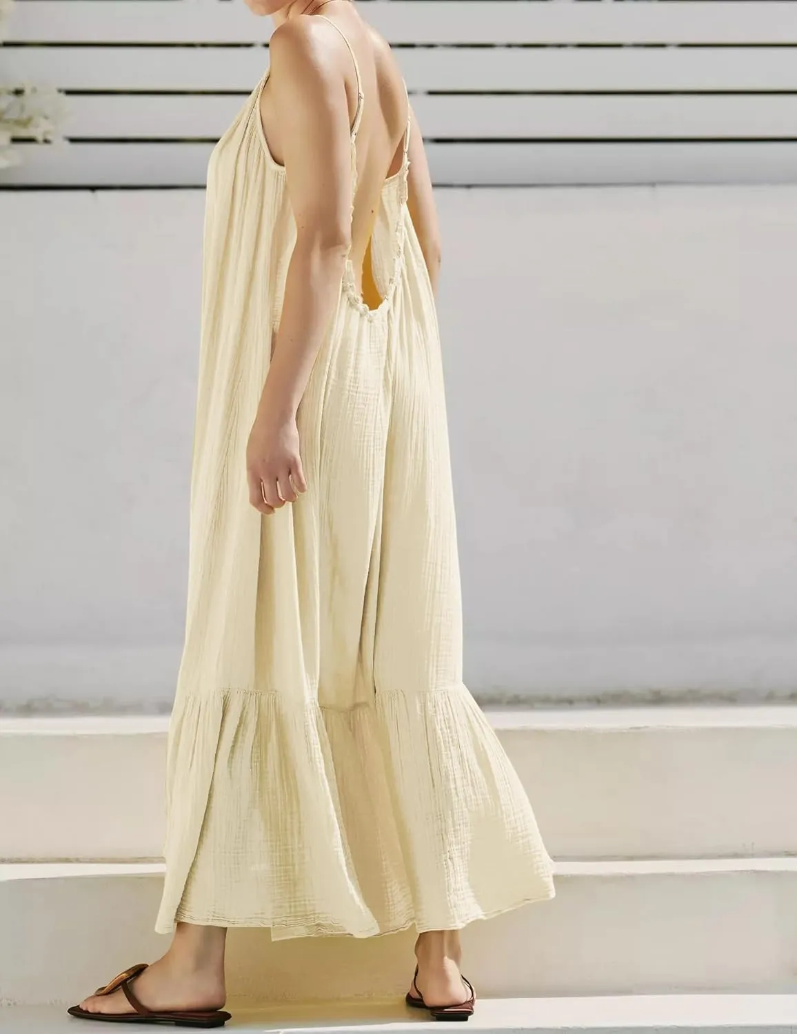 R.Vivimos Women's Summer Cotton Maxi Dress Adjustable Spaghetti Strap Boho Casual Backless Ruffle Loose Fit Flowy Dress
