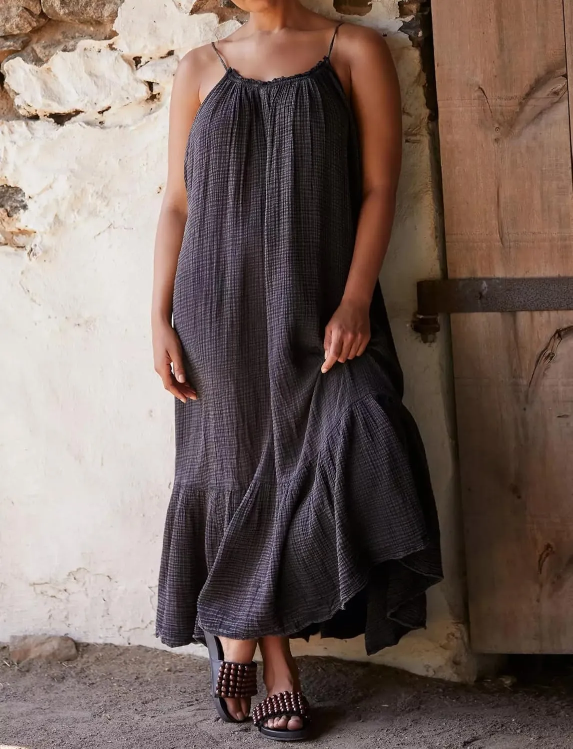 R.Vivimos Women's Summer Cotton Maxi Dress Adjustable Spaghetti Strap Boho Casual Backless Ruffle Loose Fit Flowy Dress