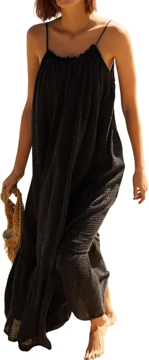 R.Vivimos Women's Summer Cotton Maxi Dress Adjustable Spaghetti Strap Boho Casual Backless Ruffle Loose Fit Flowy Dress