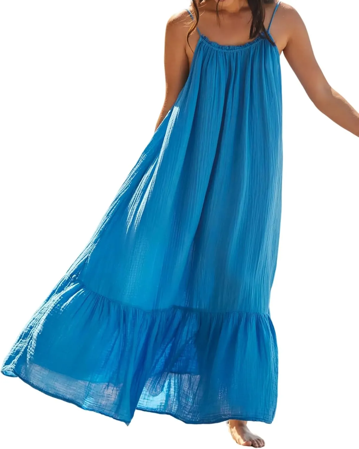 R.Vivimos Women's Summer Cotton Maxi Dress Adjustable Spaghetti Strap Boho Casual Backless Ruffle Loose Fit Flowy Dress