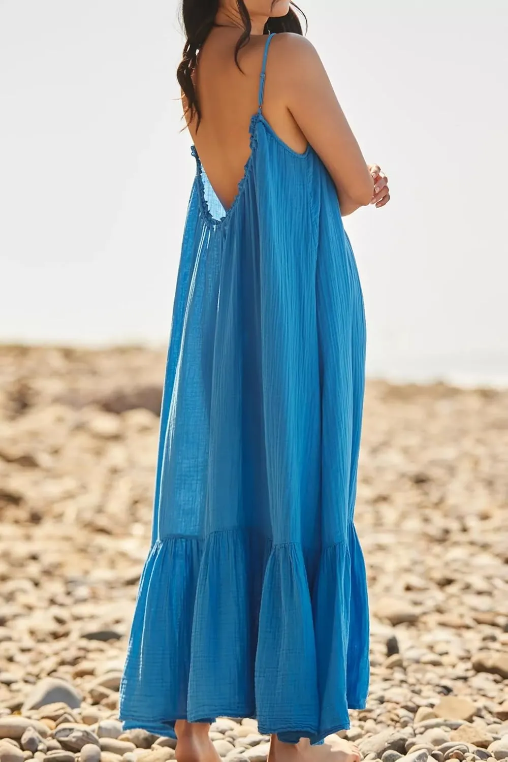 R.Vivimos Women's Summer Cotton Maxi Dress Adjustable Spaghetti Strap Boho Casual Backless Ruffle Loose Fit Flowy Dress