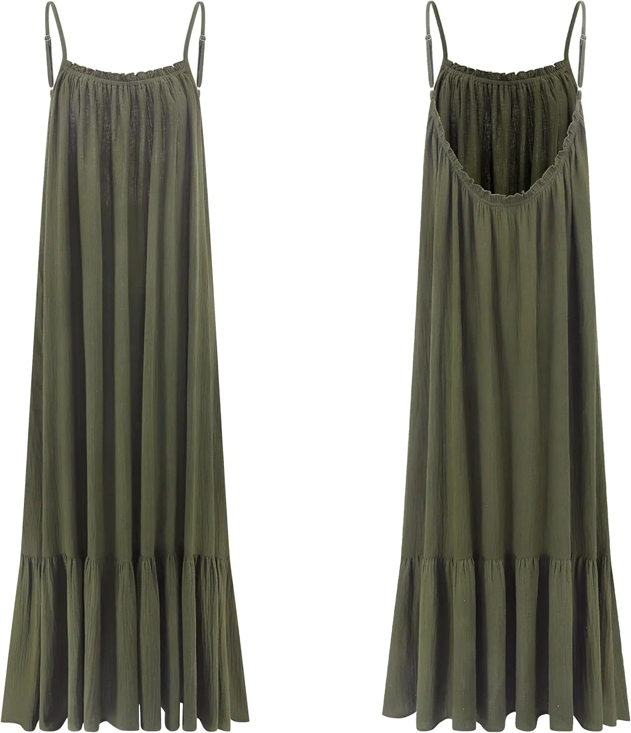 R.Vivimos Women's Summer Cotton Maxi Dress Adjustable Spaghetti Strap Boho Casual Backless Ruffle Loose Fit Flowy Dress