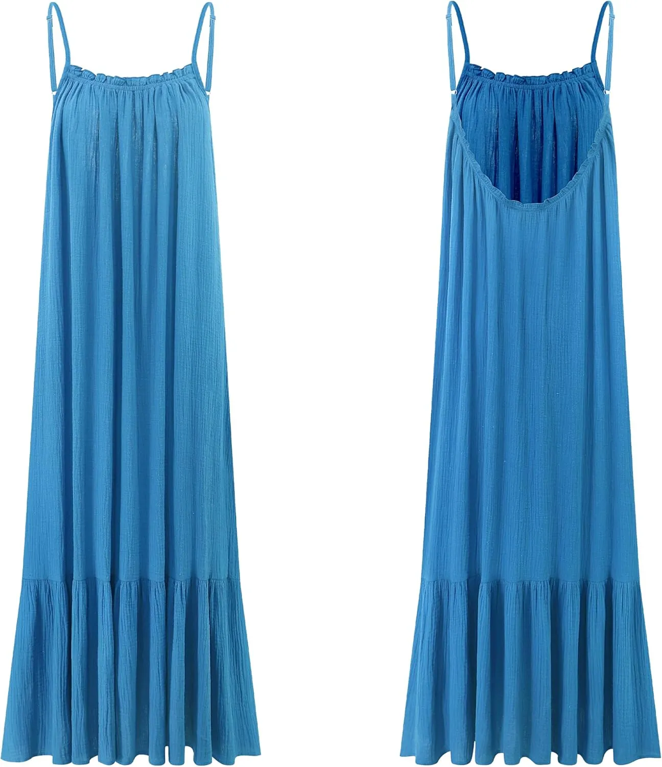 R.Vivimos Women's Summer Cotton Maxi Dress Adjustable Spaghetti Strap Boho Casual Backless Ruffle Loose Fit Flowy Dress