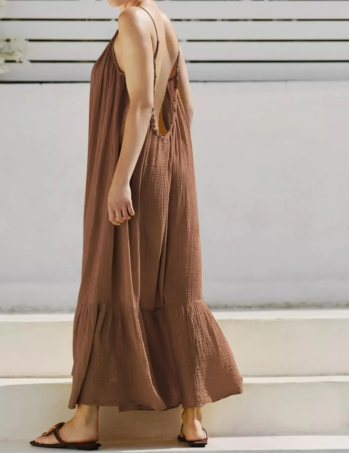 R.Vivimos Women's Summer Cotton Maxi Dress Adjustable Spaghetti Strap Boho Casual Backless Ruffle Loose Fit Flowy Dress