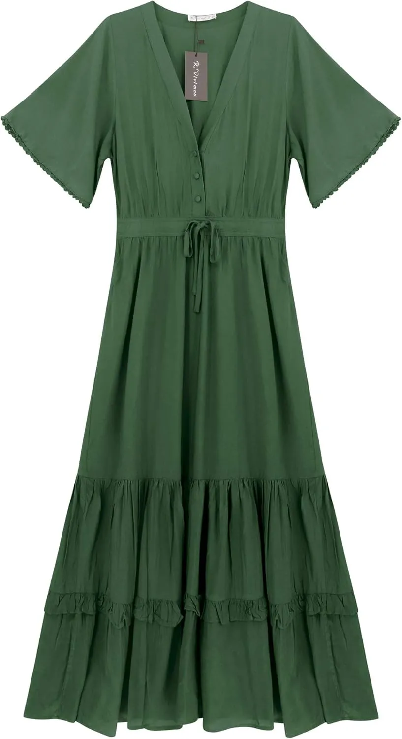 R.Vivimos Womens Summer Cotton Short Sleeve V Neck Floral Print Casual Bohemian Midi Dresses