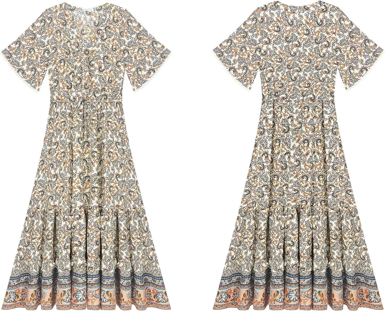 R.Vivimos Womens Summer Cotton Short Sleeve V Neck Floral Print Casual Bohemian Midi Dresses