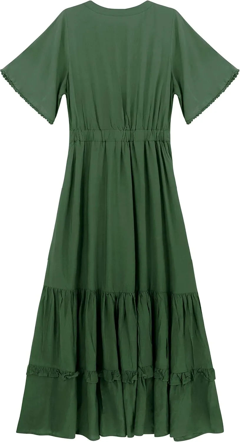 R.Vivimos Womens Summer Cotton Short Sleeve V Neck Floral Print Casual Bohemian Midi Dresses