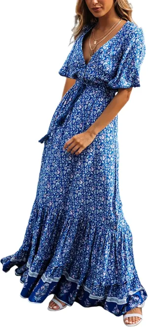 R.Vivimos Womens Summer Cotton Short Sleeve V Neck Floral Print Casual Bohemian Midi Dresses
