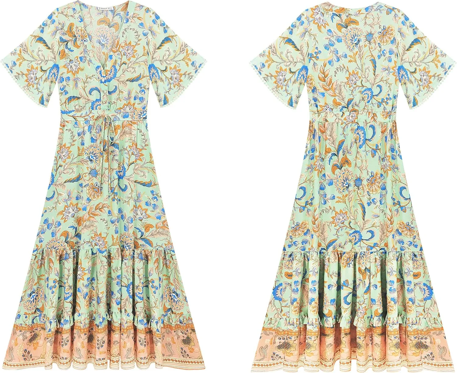 R.Vivimos Womens Summer Cotton Short Sleeve V Neck Floral Print Casual Bohemian Midi Dresses
