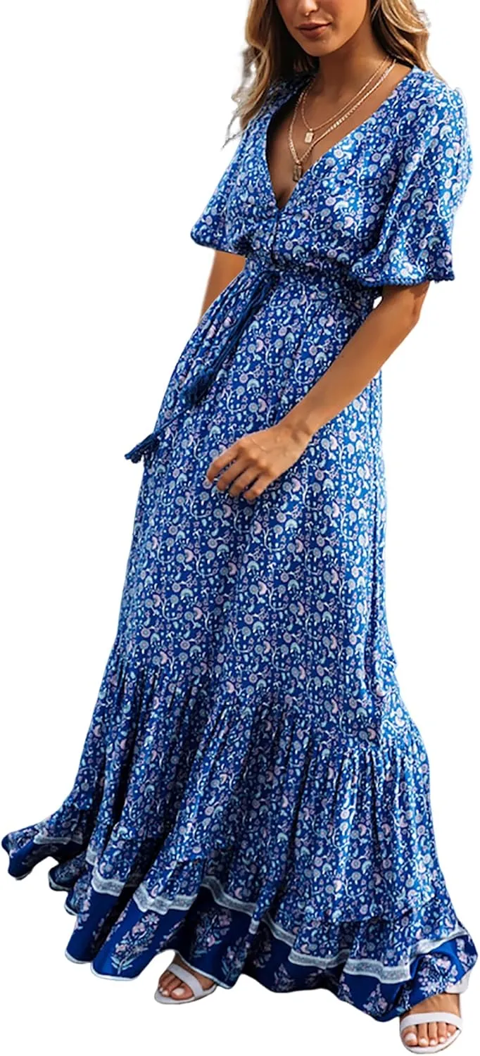 R.Vivimos Womens Summer Cotton Short Sleeve V Neck Floral Print Casual Bohemian Midi Dresses