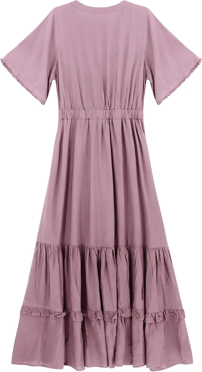 R.Vivimos Womens Summer Cotton Short Sleeve V Neck Floral Print Casual Bohemian Midi Dresses