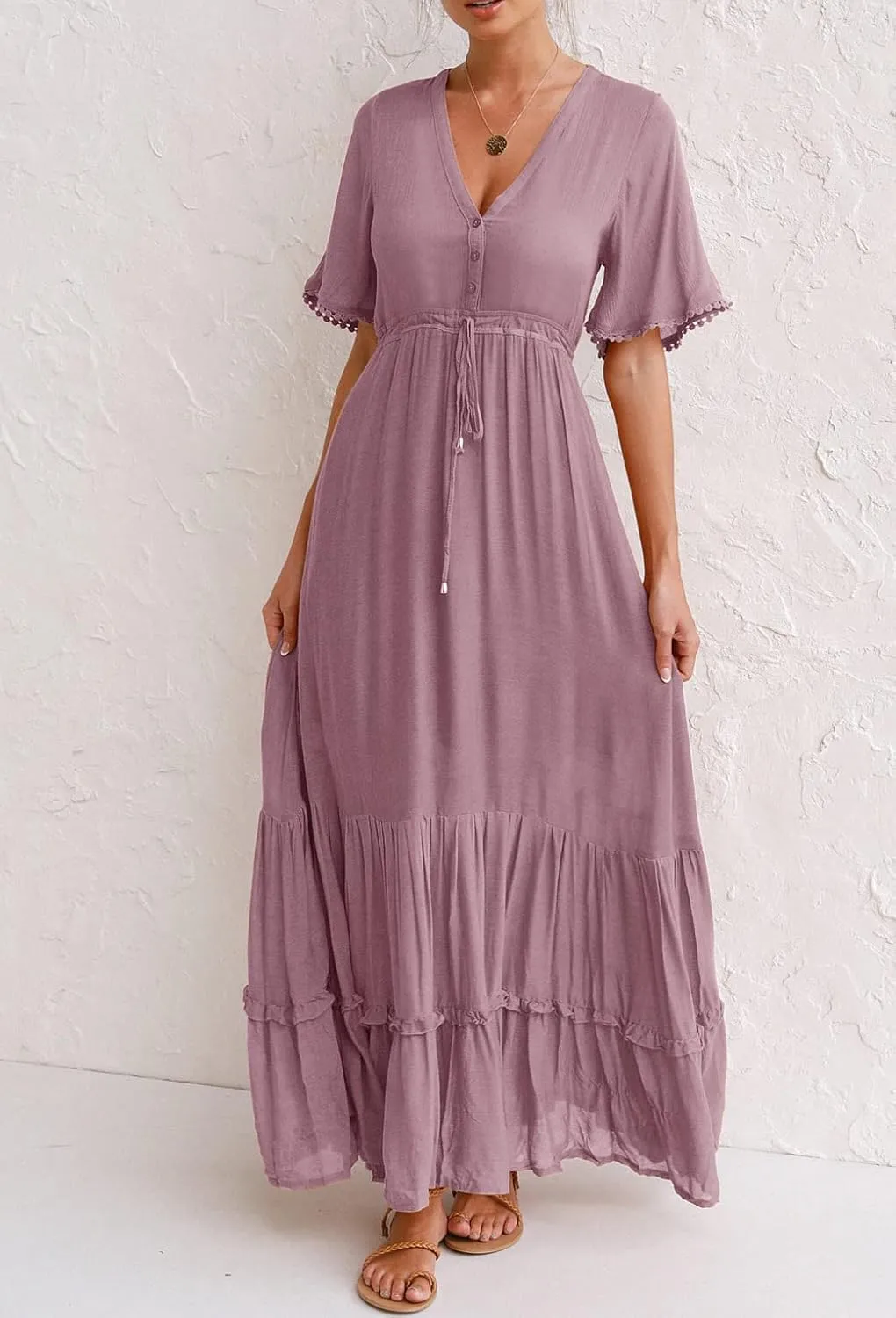 R.Vivimos Womens Summer Cotton Short Sleeve V Neck Floral Print Casual Bohemian Midi Dresses