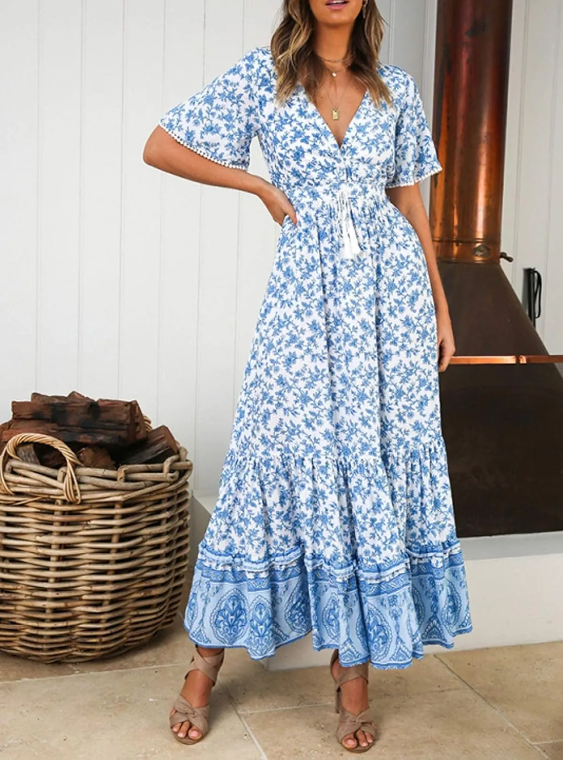 R.Vivimos Womens Summer Cotton Short Sleeve V Neck Floral Print Casual Bohemian Midi Dresses