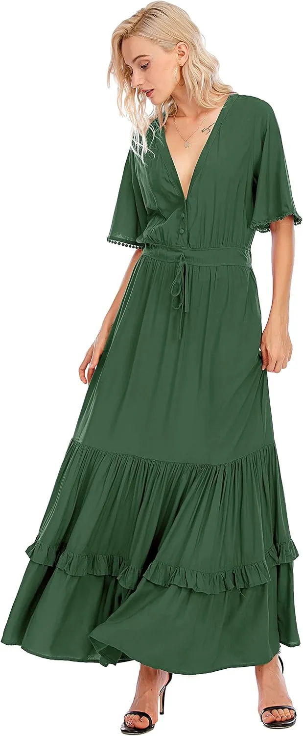 R.Vivimos Womens Summer Cotton Short Sleeve V Neck Floral Print Casual Bohemian Midi Dresses