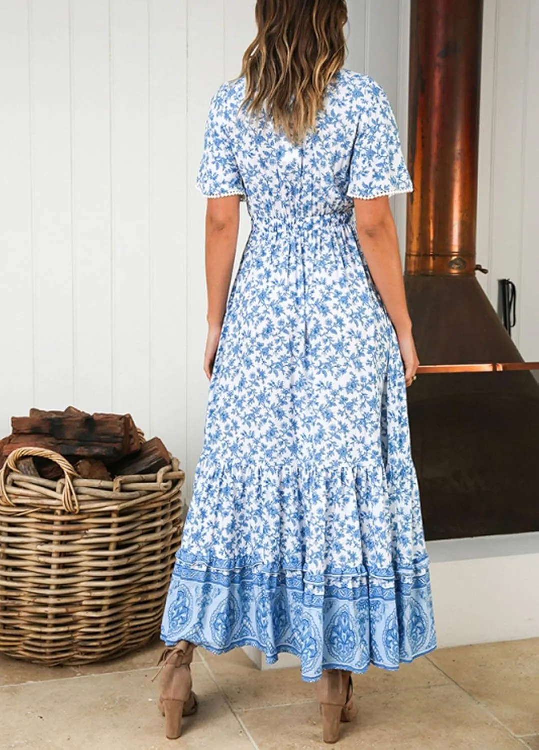 R.Vivimos Womens Summer Cotton Short Sleeve V Neck Floral Print Casual Bohemian Midi Dresses