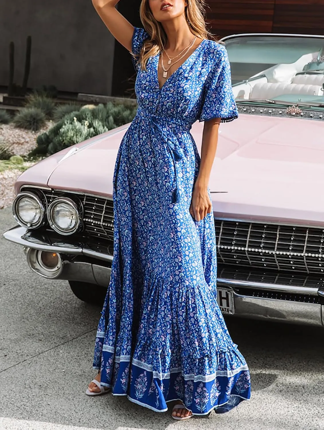 R.Vivimos Womens Summer Cotton Short Sleeve V Neck Floral Print Casual Bohemian Midi Dresses