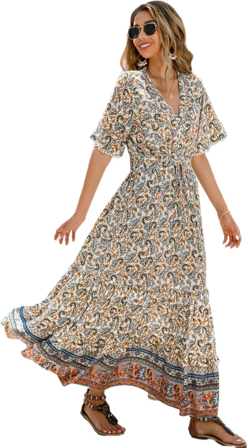 R.Vivimos Womens Summer Cotton Short Sleeve V Neck Floral Print Casual Bohemian Midi Dresses