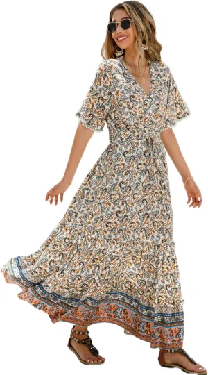 R.Vivimos Womens Summer Cotton Short Sleeve V Neck Floral Print Casual Bohemian Midi Dresses