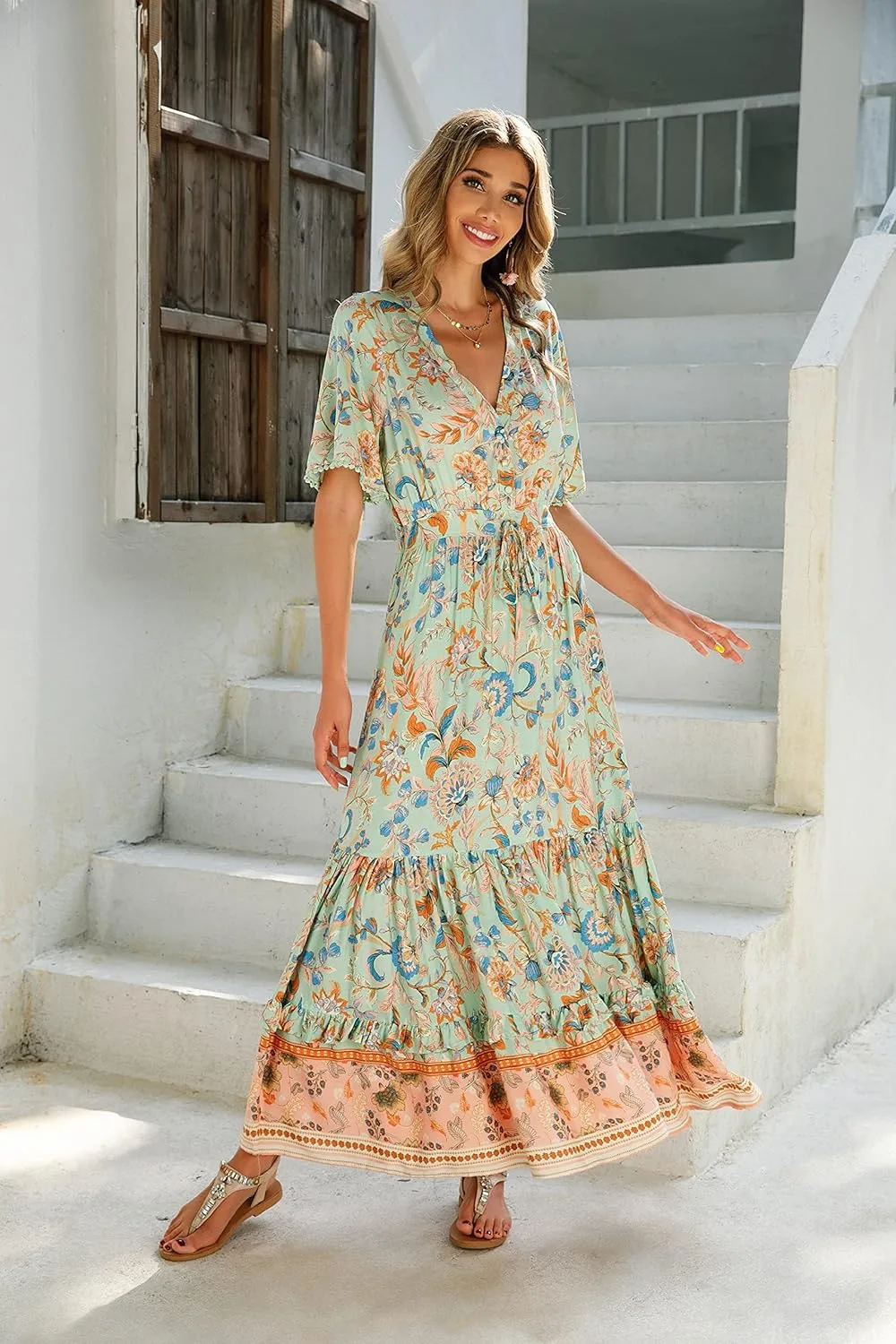 R.Vivimos Womens Summer Cotton Short Sleeve V Neck Floral Print Casual Bohemian Midi Dresses