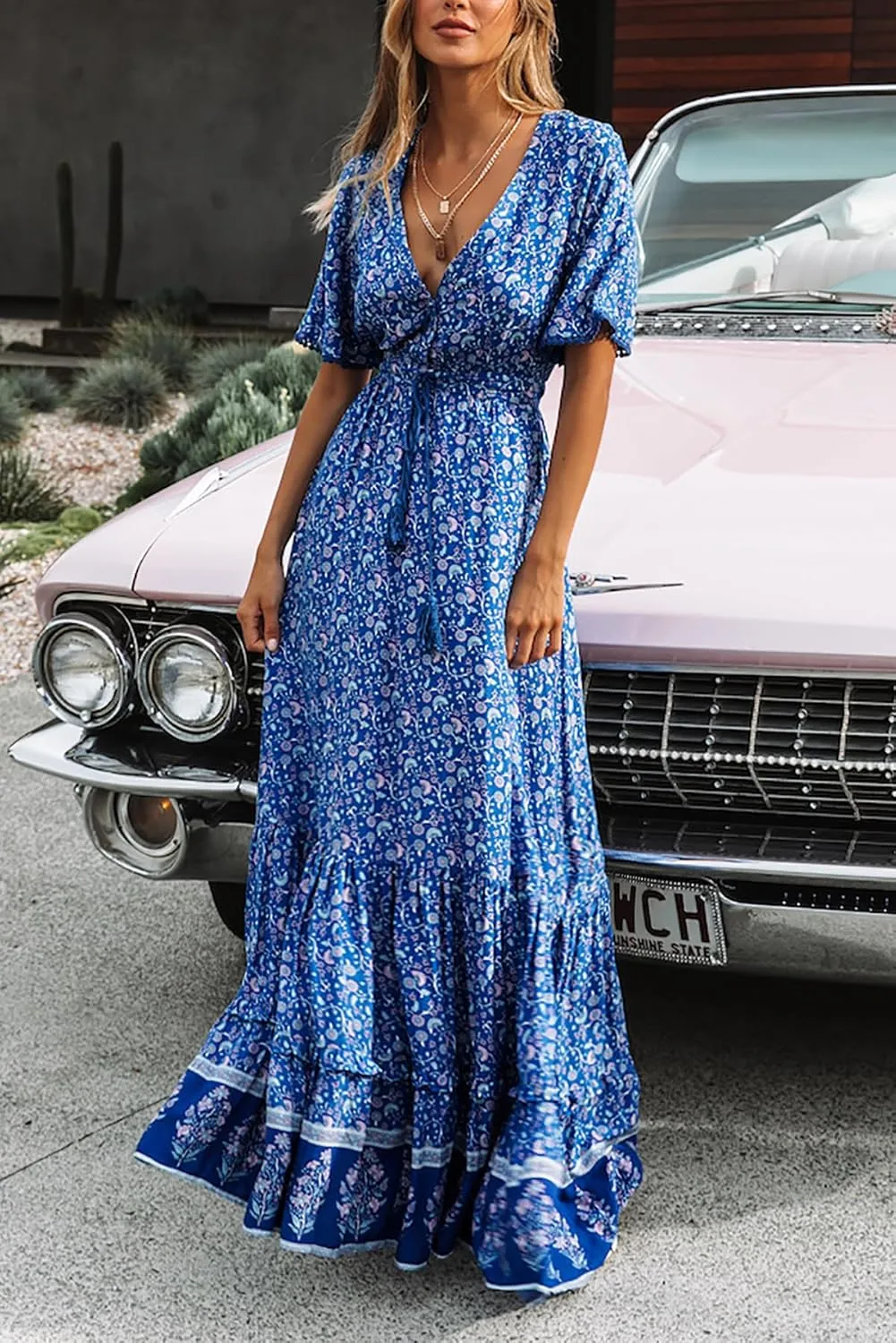 R.Vivimos Womens Summer Cotton Short Sleeve V Neck Floral Print Casual Bohemian Midi Dresses