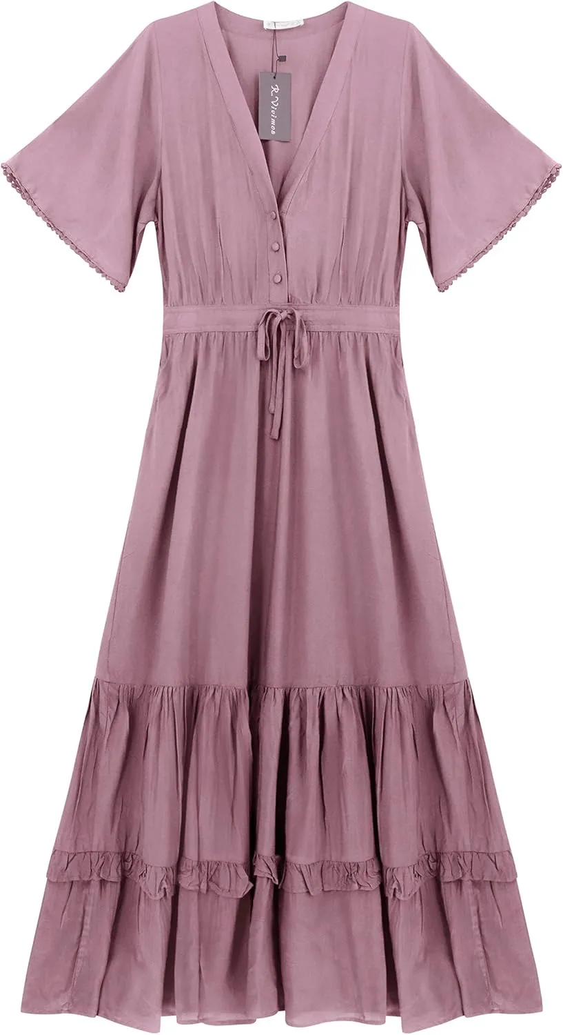 R.Vivimos Womens Summer Cotton Short Sleeve V Neck Floral Print Casual Bohemian Midi Dresses