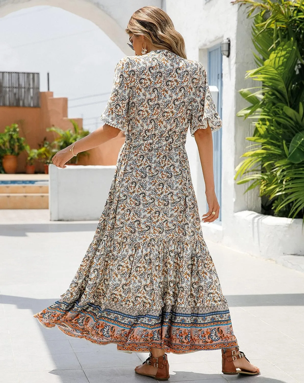 R.Vivimos Womens Summer Cotton Short Sleeve V Neck Floral Print Casual Bohemian Midi Dresses
