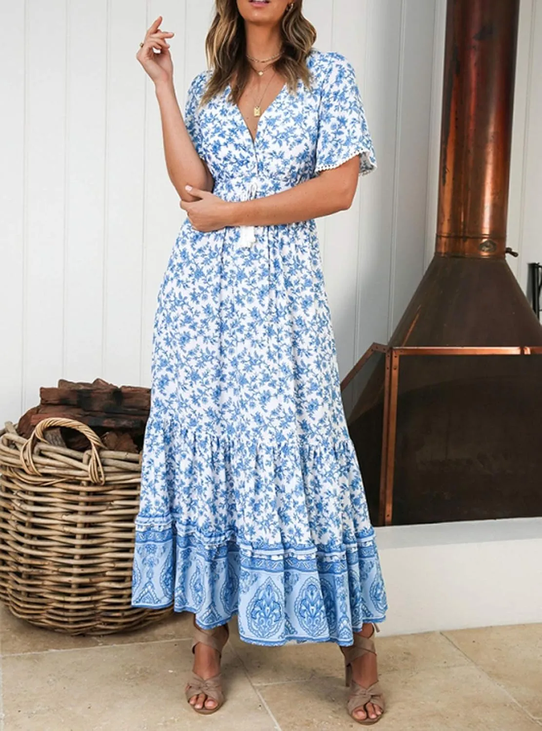 R.Vivimos Womens Summer Cotton Short Sleeve V Neck Floral Print Casual Bohemian Midi Dresses