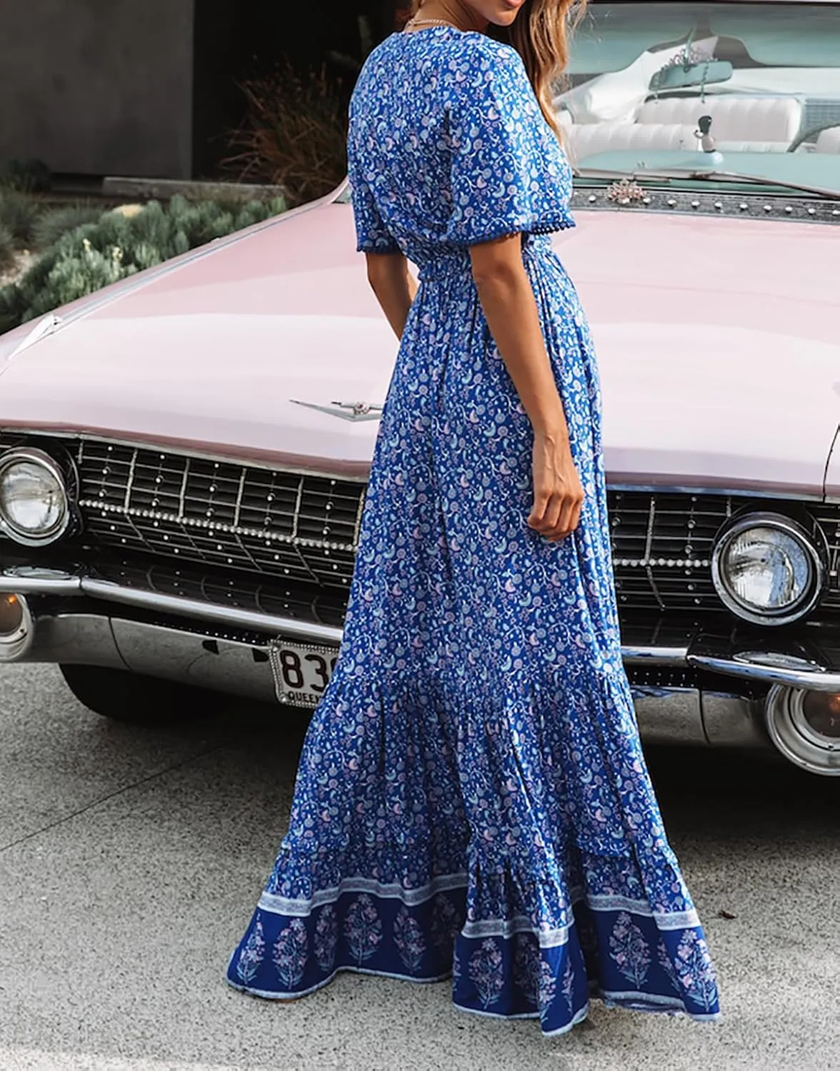 R.Vivimos Womens Summer Cotton Short Sleeve V Neck Floral Print Casual Bohemian Midi Dresses