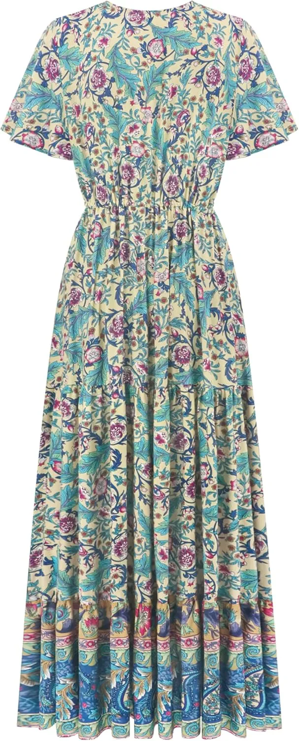 R.Vivimos Womens Summer Floral Print Cotton Short Sleeve Flowy Dress