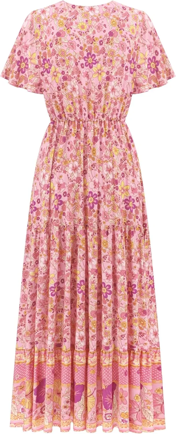 R.Vivimos Womens Summer Floral Print Cotton Short Sleeve Flowy Dress