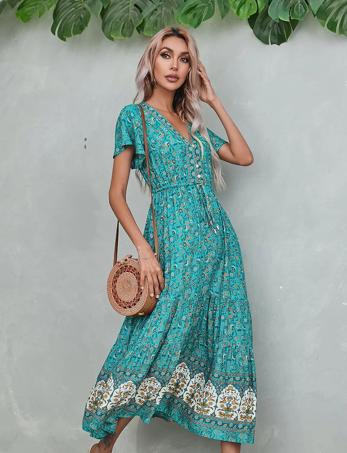 R.Vivimos Womens Summer Floral Print Cotton Short Sleeve Flowy Dress