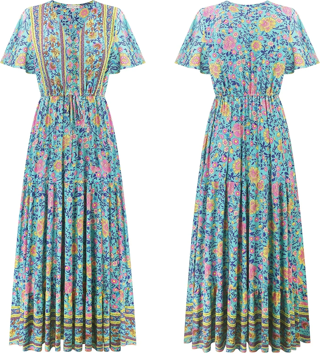 R.Vivimos Womens Summer Floral Print Cotton Short Sleeve Flowy Dress