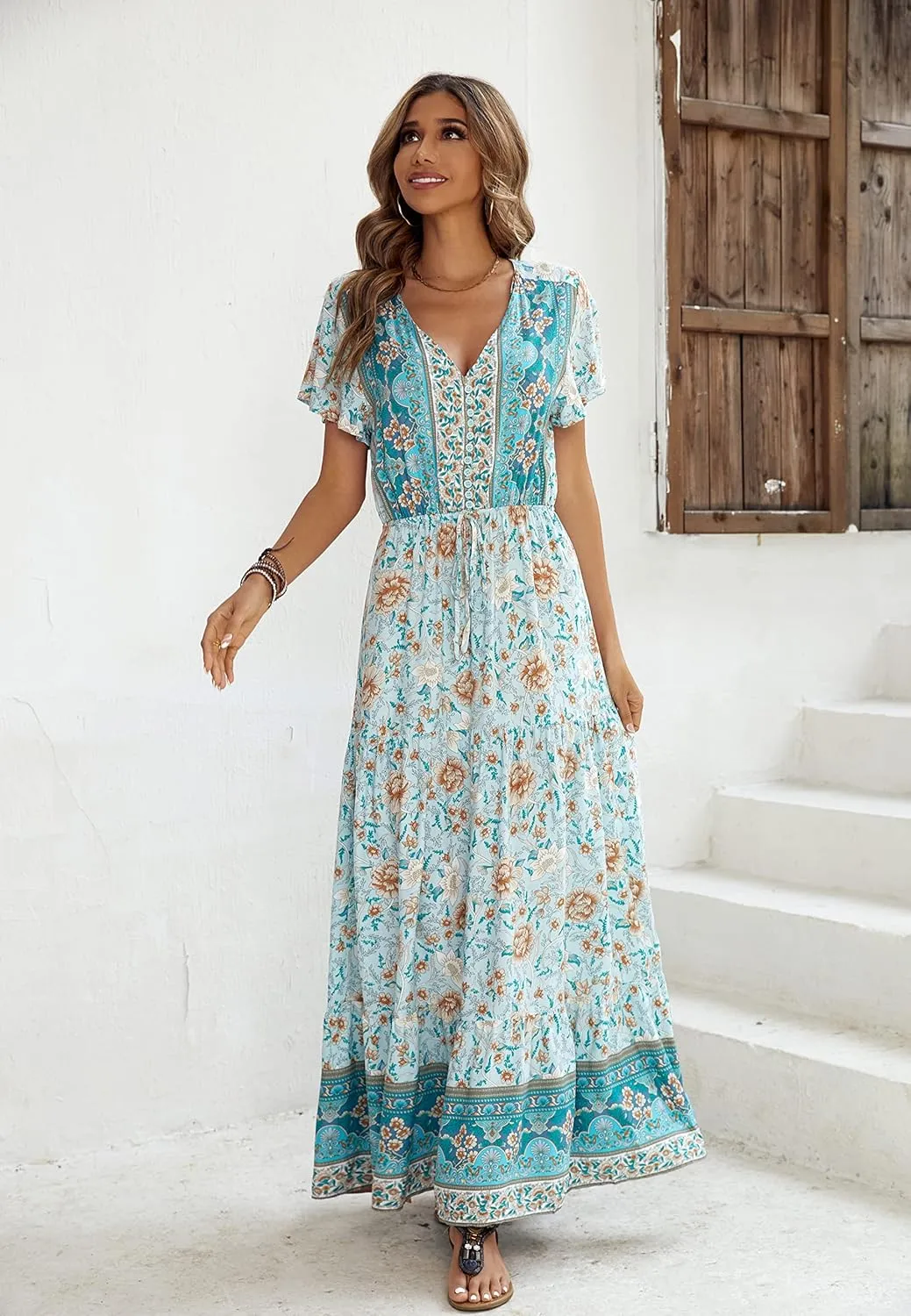 R.Vivimos Womens Summer Floral Print Cotton Short Sleeve Flowy Dress