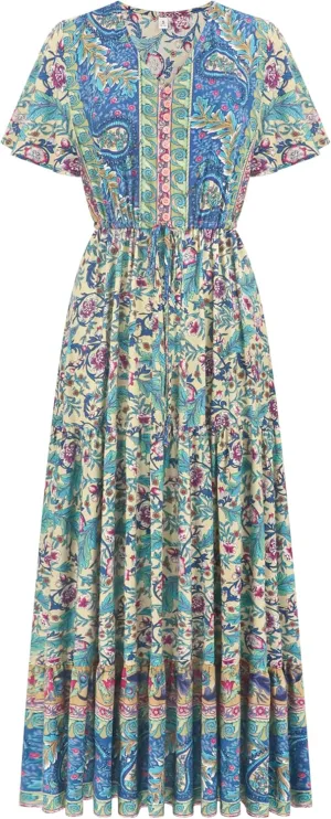 R.Vivimos Womens Summer Floral Print Cotton Short Sleeve Flowy Dress