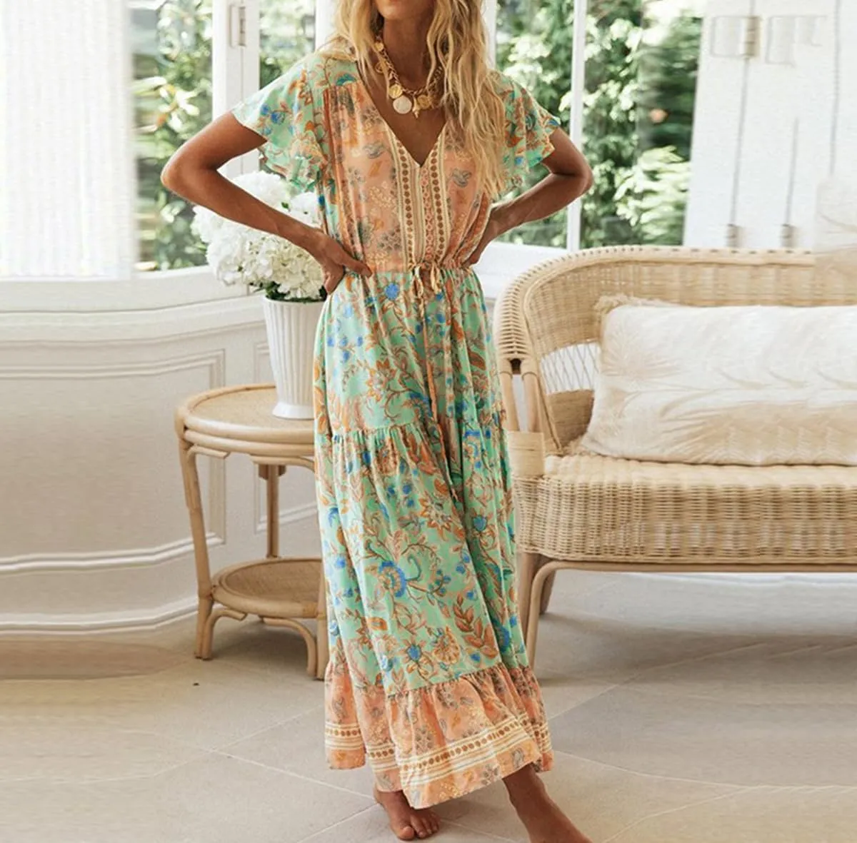 R.Vivimos Womens Summer Floral Print Cotton Short Sleeve Flowy Dress