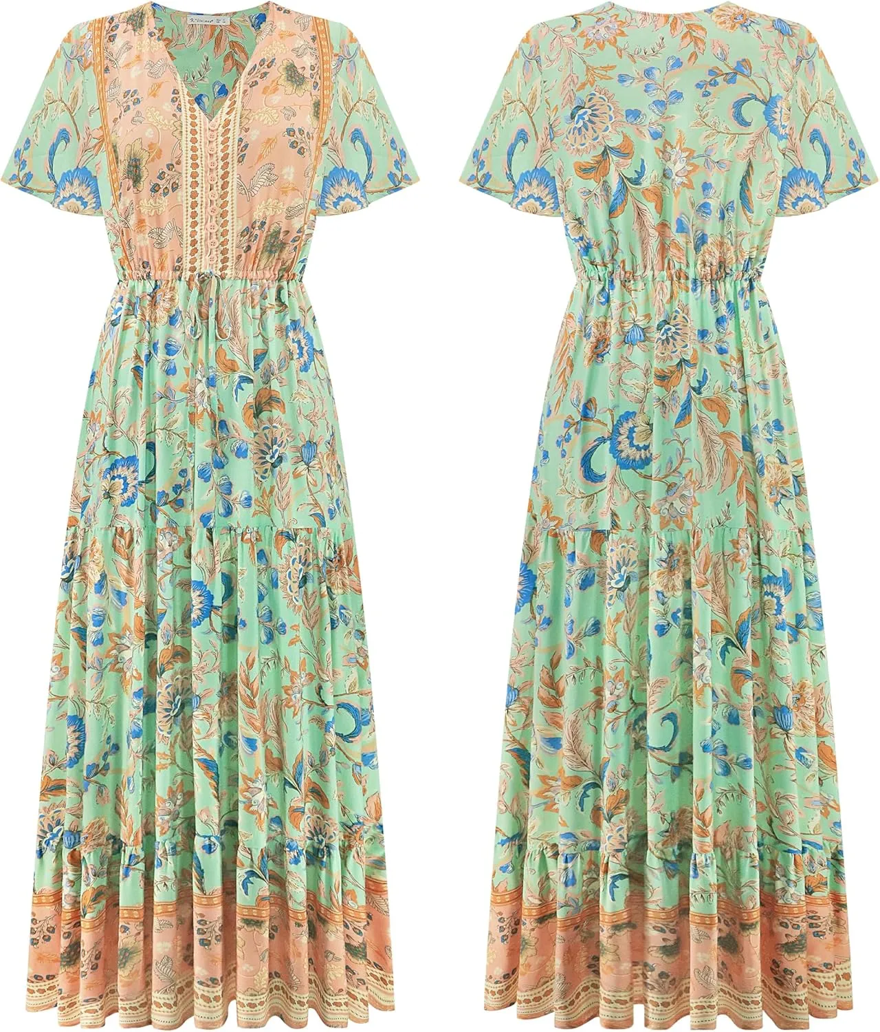 R.Vivimos Womens Summer Floral Print Cotton Short Sleeve Flowy Dress