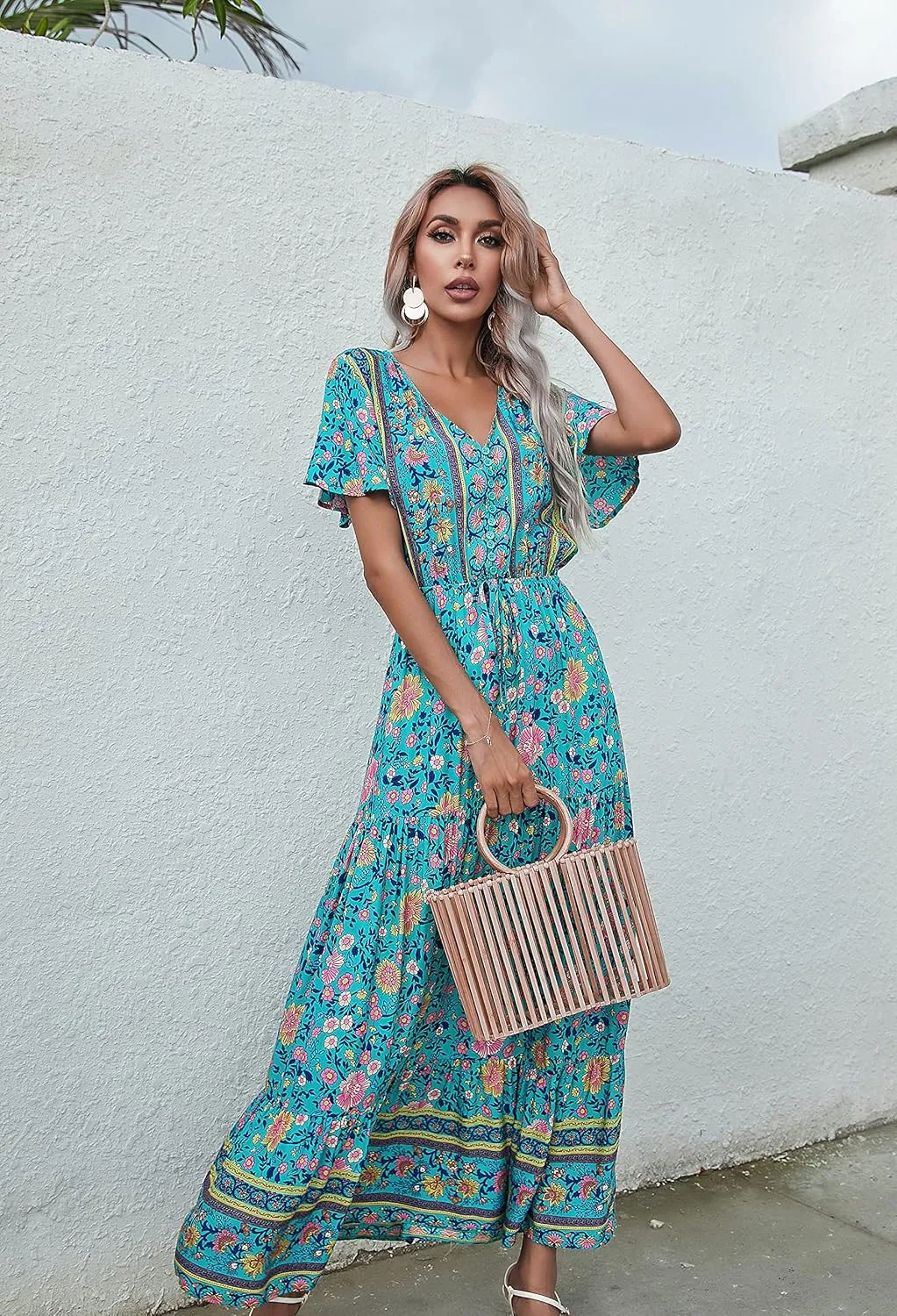 R.Vivimos Womens Summer Floral Print Cotton Short Sleeve Flowy Dress