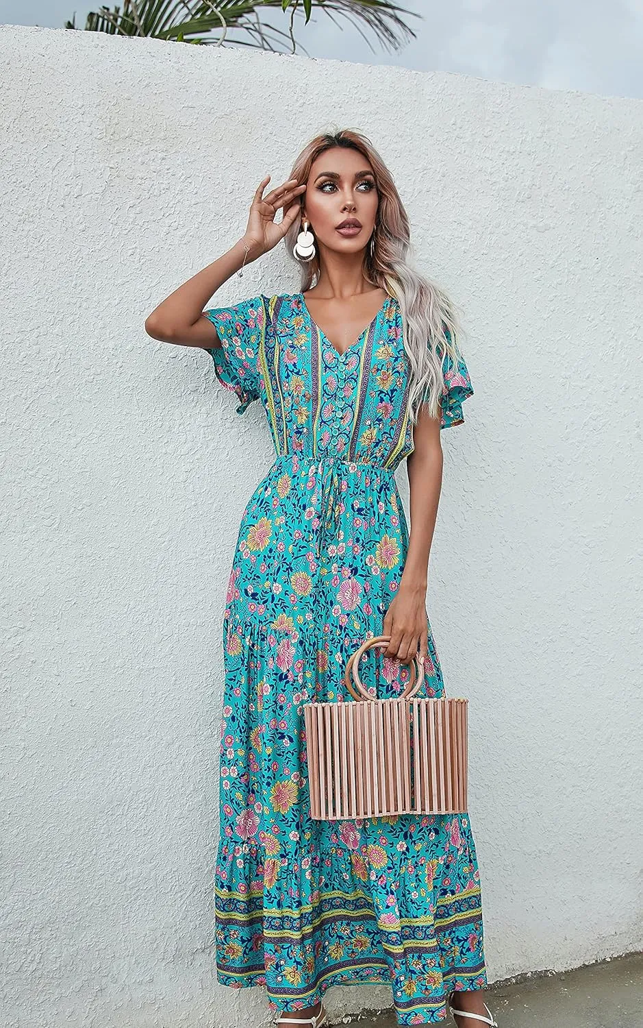 R.Vivimos Womens Summer Floral Print Cotton Short Sleeve Flowy Dress