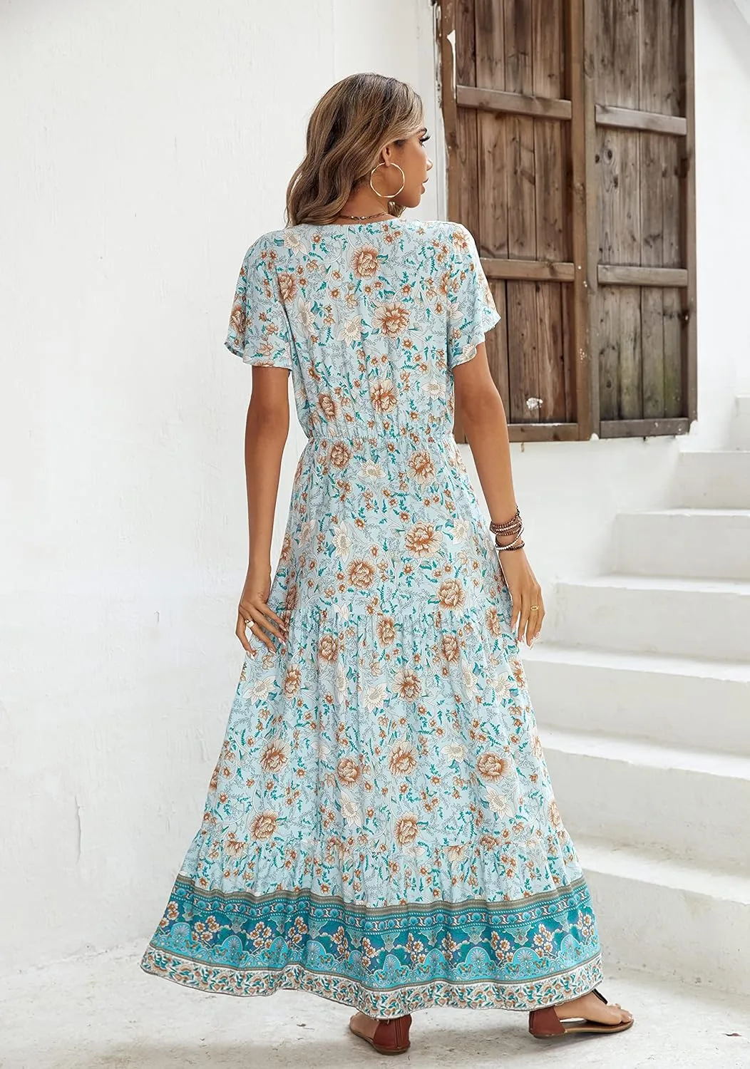 R.Vivimos Womens Summer Floral Print Cotton Short Sleeve Flowy Dress