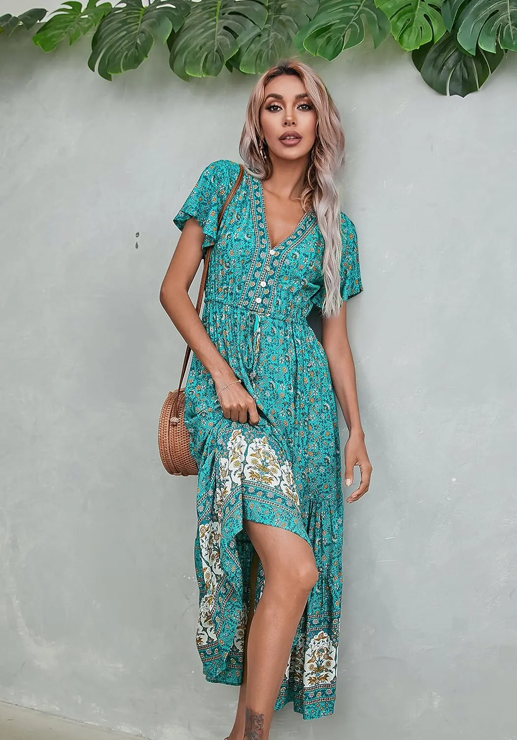 R.Vivimos Womens Summer Floral Print Cotton Short Sleeve Flowy Dress