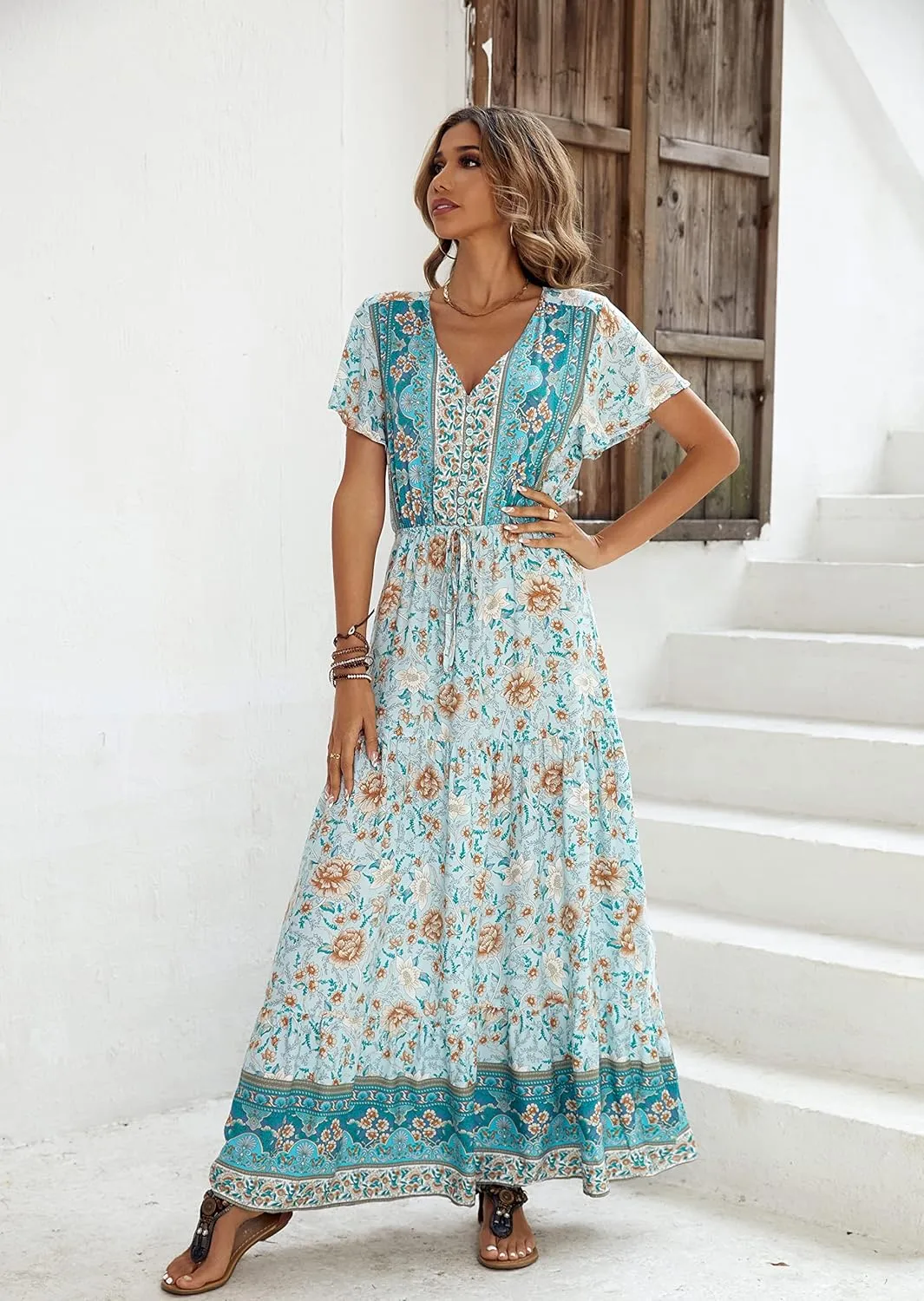 R.Vivimos Womens Summer Floral Print Cotton Short Sleeve Flowy Dress