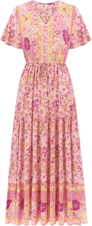 R.Vivimos Womens Summer Floral Print Cotton Short Sleeve Flowy Dress