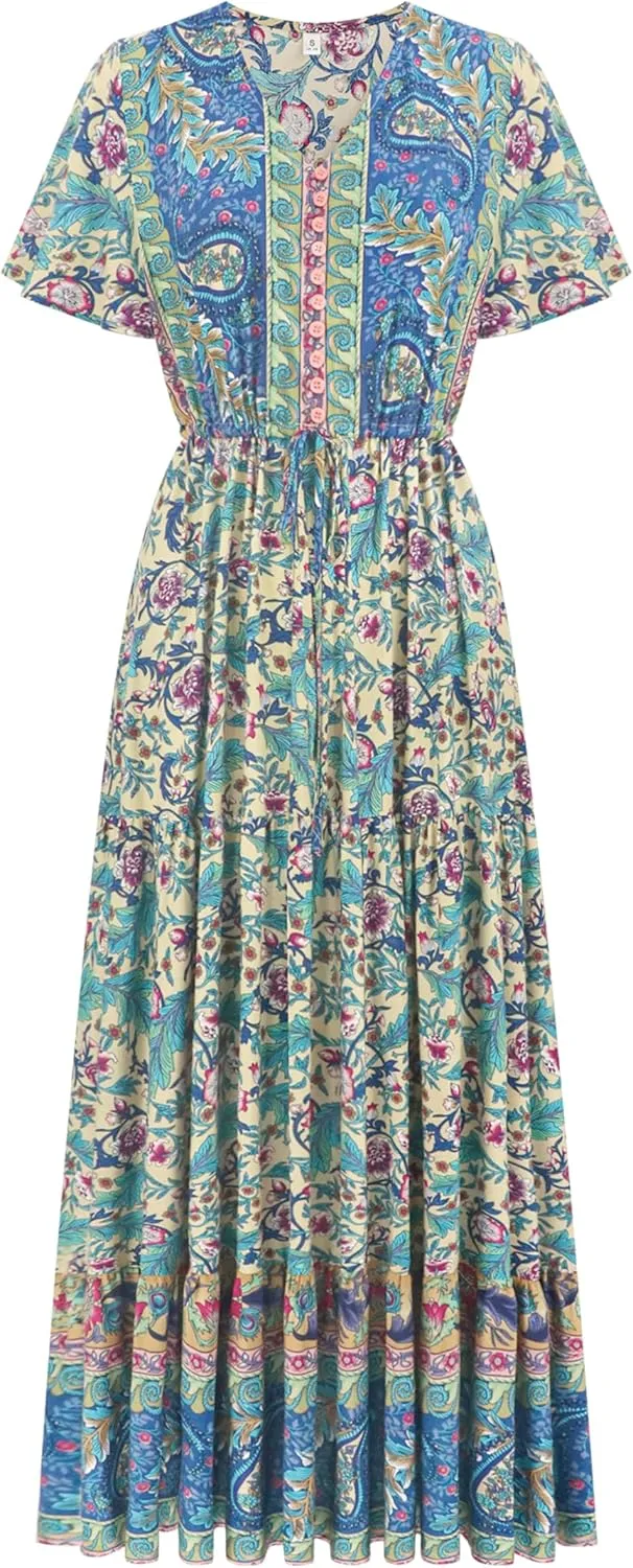 R.Vivimos Womens Summer Floral Print Cotton Short Sleeve Flowy Dress