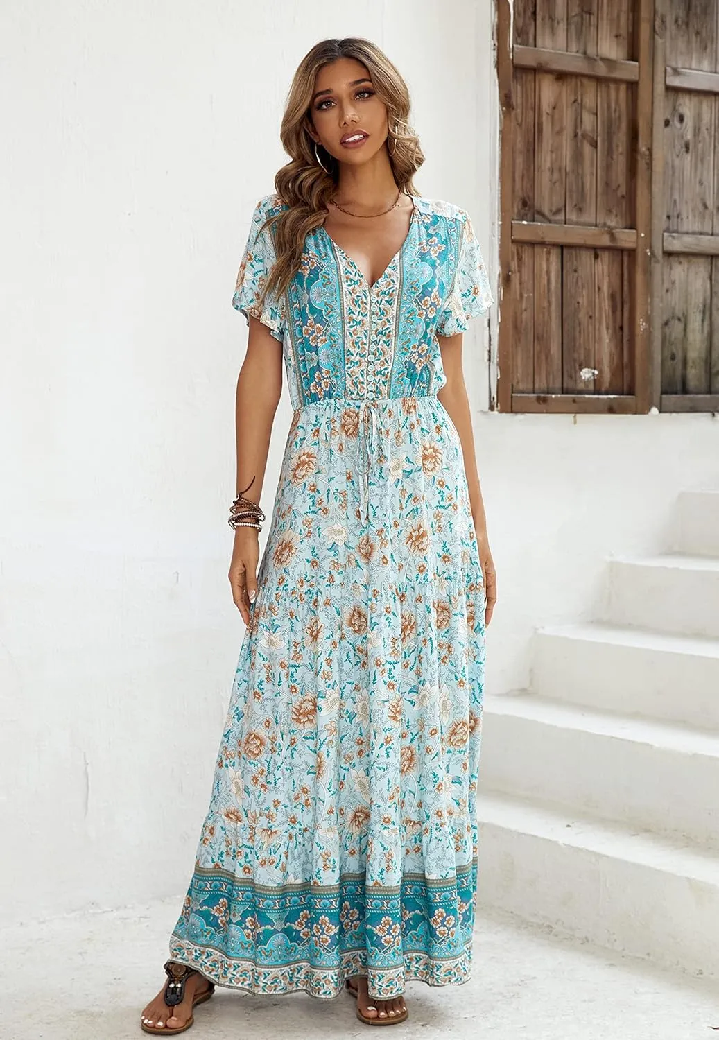 R.Vivimos Womens Summer Floral Print Cotton Short Sleeve Flowy Dress