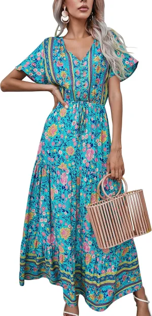 R.Vivimos Womens Summer Floral Print Cotton Short Sleeve Flowy Dress