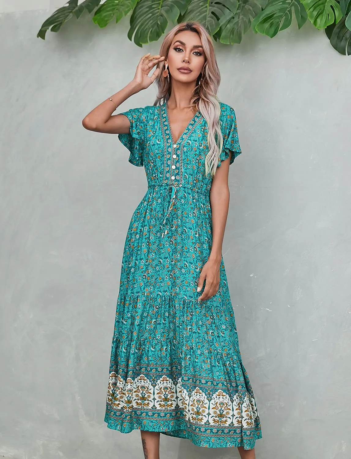 R.Vivimos Womens Summer Floral Print Cotton Short Sleeve Flowy Dress