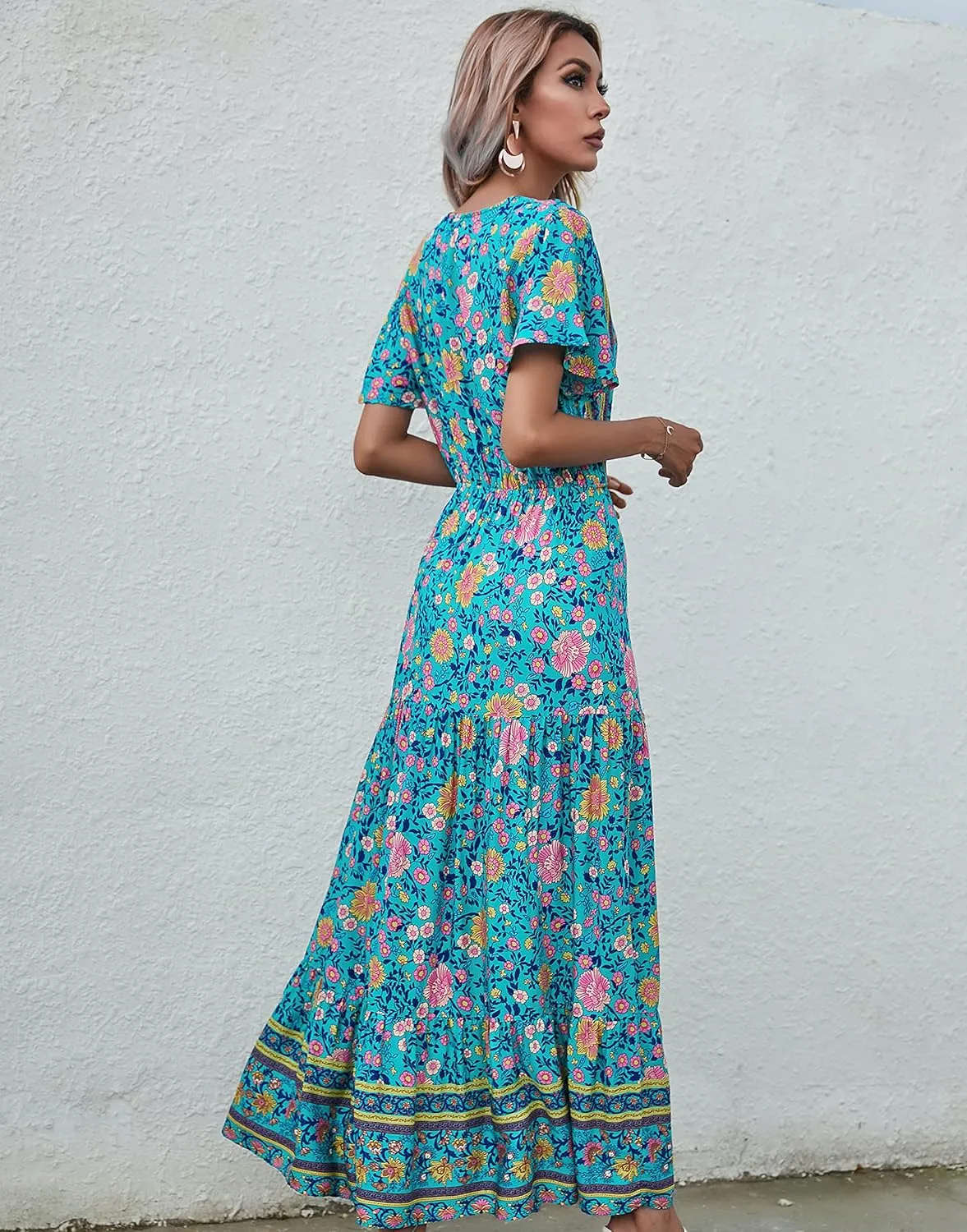 R.Vivimos Womens Summer Floral Print Cotton Short Sleeve Flowy Dress